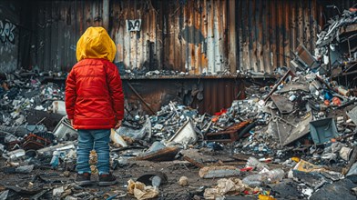 Child in a bright jacket exploring amidst rubble and debris in a scene of urban decay, AI generated