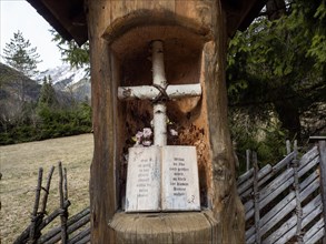 Carving with religious motto, birch wood cross, Jassing, Styria, Austria, Europe