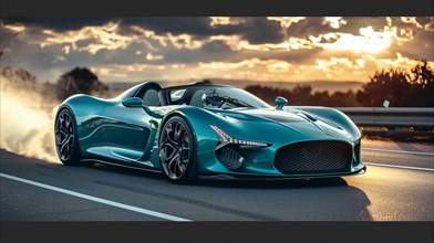 Turquoise hybrid silent fast hypercar accelerating with smoke around it, AI generated