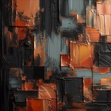 Abstract painting with a dark texture, using orange and black squares, AI generated
