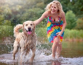 Labrador dog dirty muddy wet, shaking next to a woman in a colourful summer dress, AI generated, AI