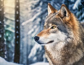 Animal, wolf, portrait, head only, background forest, winter, AI generated, AI generated