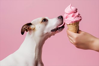 Side view of dog being fed ice cream in cone by human in front of pink studio background. KI
