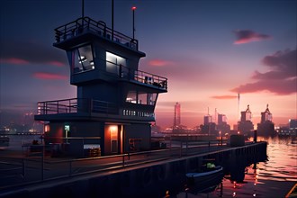 Seaports control tower at sunrise emphasizing its role in overseeing, AI generated