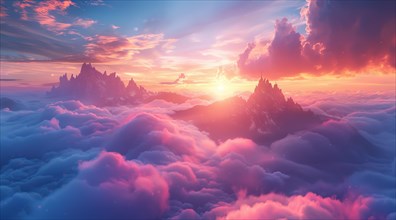 Silhouetted mountains under a dreamy pink sky with fluffy clouds at sunset, ai generated, AI