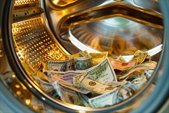 Banknotes lying in a washing machine, symbolic image for money laundering, illegally generated