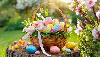 An Easter basket with colourful eggs and decorations stands in the sunny spring garden, symbol of