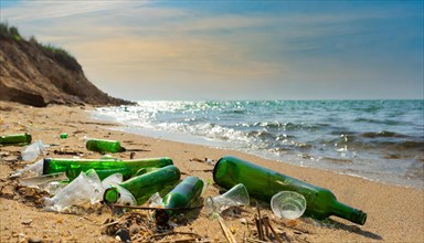 Empty glass bottles lying on the beach, some broken, pollution, AI generated, AI generated