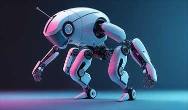 3D robot in a neon purple futuristic setting with sleek design under a spotlight, ai generated, AI