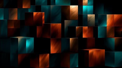 Abstract floating 3D blocks in teal and orange creating a dynamic perspective with dramatic