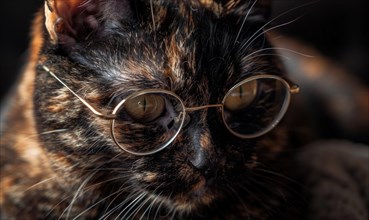 Tortoiseshell cat with round glasses and detailed fur in dramatic side lighting AI generated
