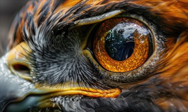 Close-up of an eagle's eye with an orange iris and detailed plumage reflection AI generated