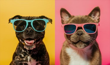 Cheerful dog with a wide smile and cat posed against a pink background both wearing blue sunglasses