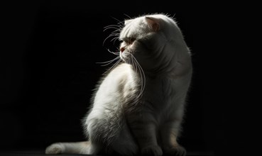 White cat with light fur turned head against a dark background, intense gaze AI generated