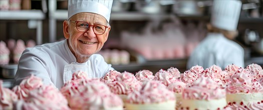 Joyful senior chef with a selection of pink cupcakes in a professional bakery, AI generated