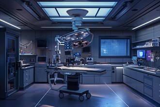 High-tech operating room with advanced medical equipment and blue lighting, AI generated