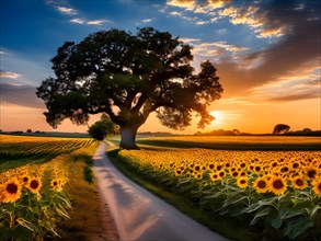 Countryside road meandering through vibrant sunflower fields, AI generated
