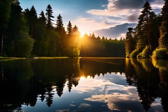 Serene summer lake in dense forests mirror like on calm water surface in sunrise, AI generated