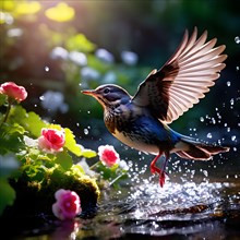 Dipper bird dynamic takeoff from a blooming garden expressing summer wildlife, AI generated