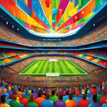 Painting of football stadium with abstract forms, AI generated