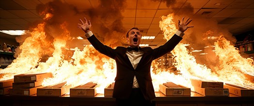 Man in suit expresses shock and despair in a burning library filled with flames, AI generated