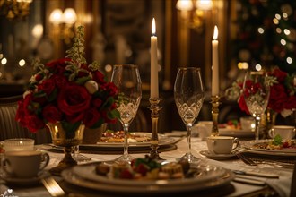 An elegant candlelight dinner setup with crystal glassware and festive decorations, AI generated