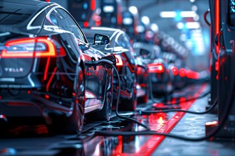 Futuristic electric cars on an assembly line with vibrant blue and red lighting, AI generated