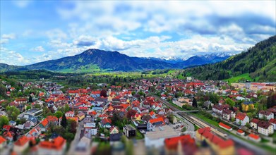 Aerial view of Immenstadt im Allgaeu with a view of the Alps. Immenstadt im Allgaeu, Oberallgaeu,