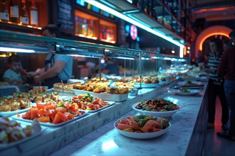 A bustling buffet with an array of dishes under blue lighting in a modern restaurant setting, AI