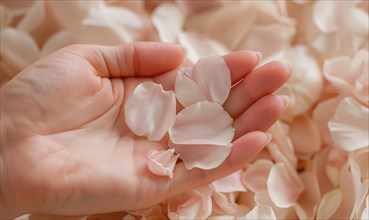 Close-up of a woman's hand with a neutral manicure, adorned with delicate flower petals AI