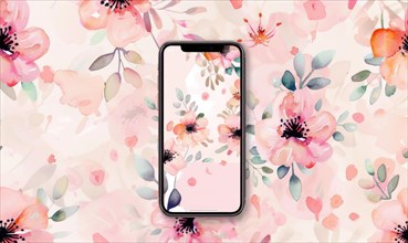 Smartphone with blank screen mockup on delicate watercolor floral seamless background AI generated