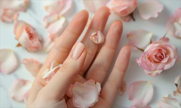 Woman's hand on white background with flower petals around AI generated