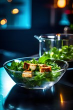 Savory tofu and greens salad showcased on a polished bar counter in neon lights, AI generated