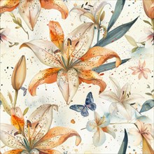 Seamless watercolor pattern with lily flowers and dragonflies AI generated