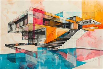 Artistic rendering of a contemporary building with orange gradients and geometric lines with