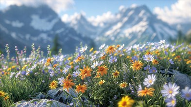 Serene landscape of mountains with wildflowers under a clear blue sky, relaxation, recreation,