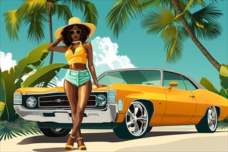 Fashionable woman with a vintage car parked under palm trees on a sunny beach, illustration, AI