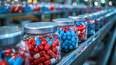 Bottles filled with blue and red pills on a pharmaceutical production line, AI generated