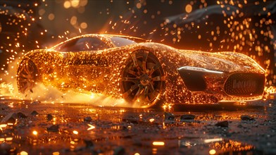 Glowing super car on a wet road creating a trail of sparks at night, AI generated