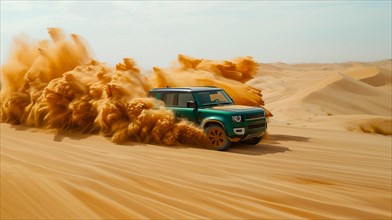 Luxury british classic 4x4 green off-road vehicle speeding across sandy dunes, kicking up sand in