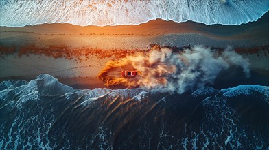 An orange vehicle on a sandy beach driving by the sea with strong waves, aerial view, drone follow