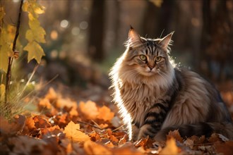 Cat with long fut sitting in sunny autumn forest. KI generiert, generiert, AI generated