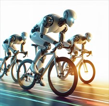 Three humanoid robots race a bicycle, symbolic image cybernetics, sport, competition AI generated,
