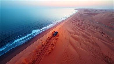 A vehicle on a vast coastal desert dune with the ocean beside it at dusk, action sports