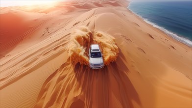 White car alone driving through the vast dunes of a tranquil desert landscape, action sports