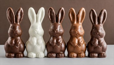 A series of chocolate bunnies in white and various shades of brown, Easter symbol, AI generated, AI