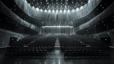 Modern auditorium with empty seats and a bright stage, captured in monochrome tones, ai generated,
