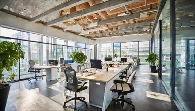 Open office design with natural wooden beams and green accents emphasises a modern style, symbol