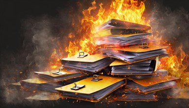 Burning files piled up with intense flames and smoke, symbol bureaucracy, AI generated, AI