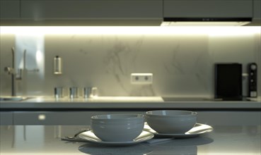 Two white bowls on a marble kitchen countertop with soft mood lighting AI generated